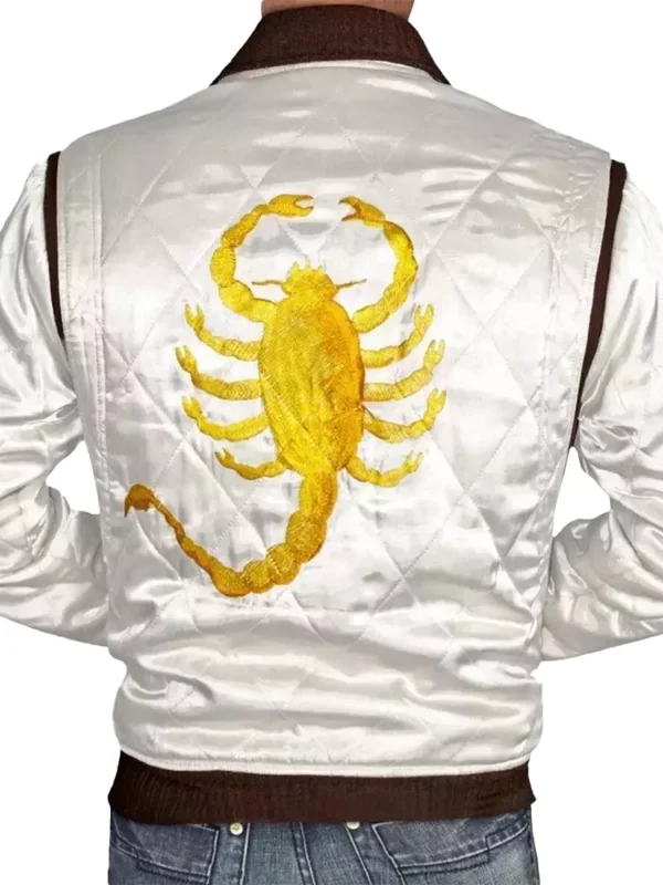 Mens White Satin Quilted Ryan Gosling Drive Jacket